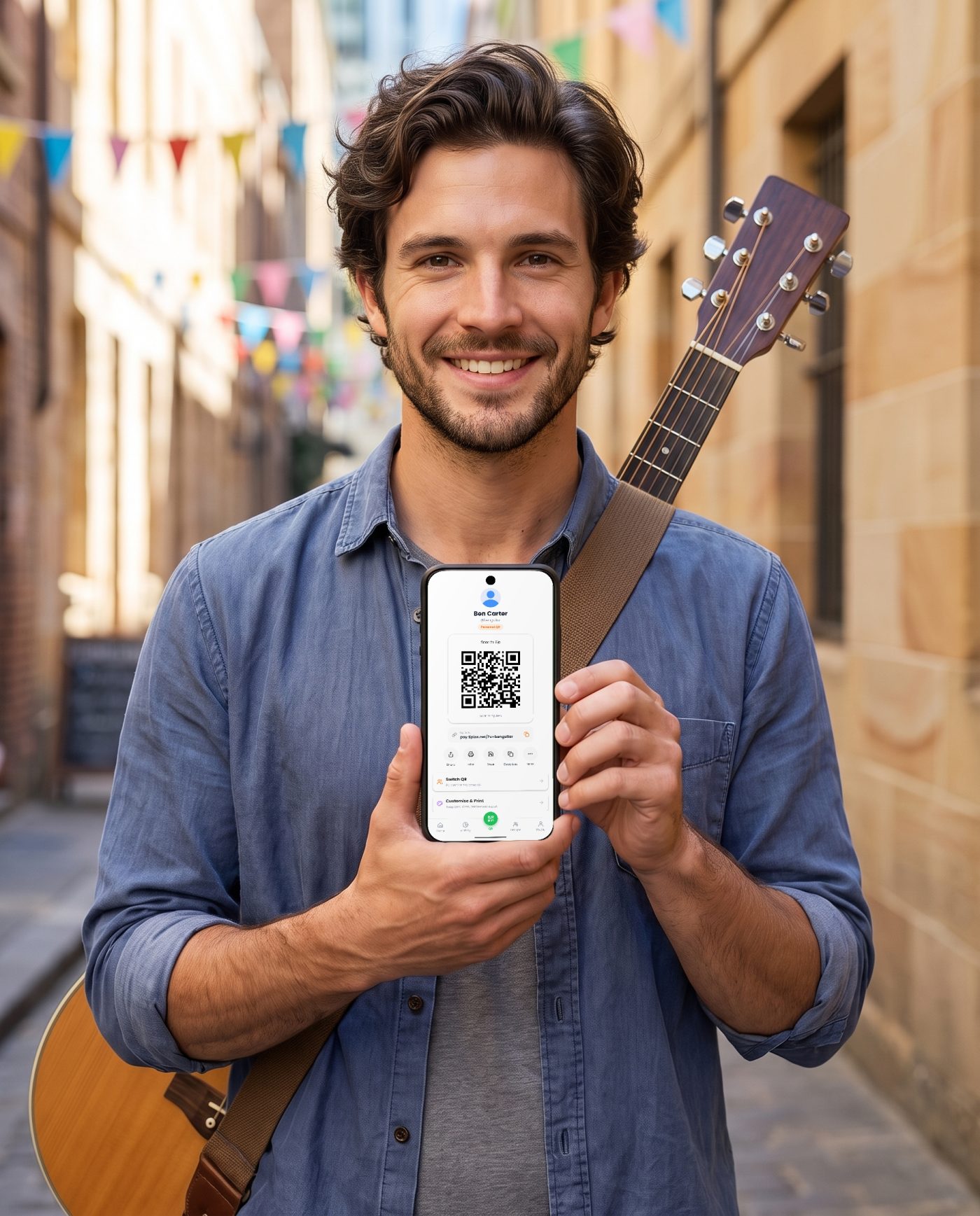 Ben Carter, a street performer with his guitar, showing a TipIns tip received notification