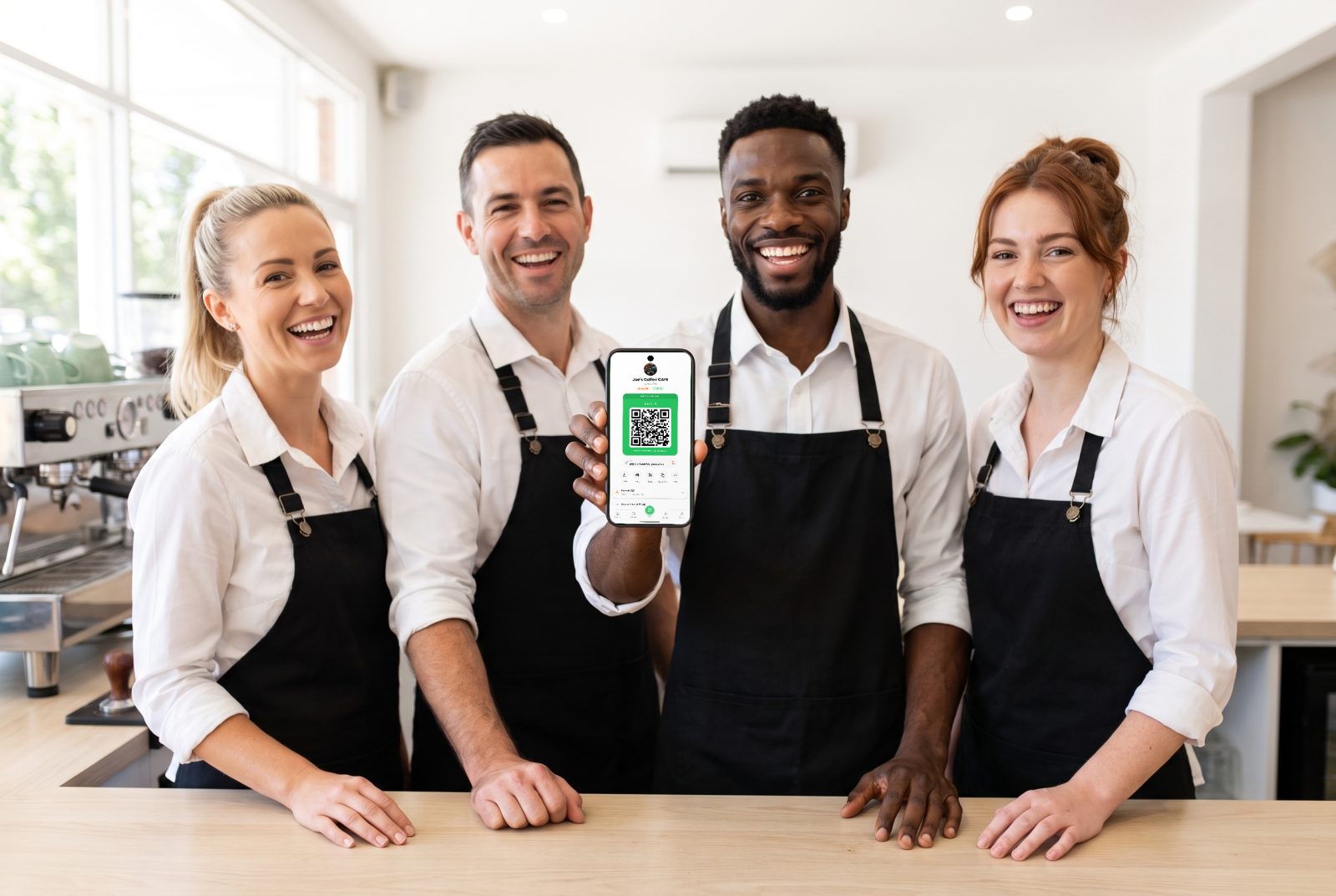 Joe's Coffee Crew, a four-person café team, showing their shared group QR code