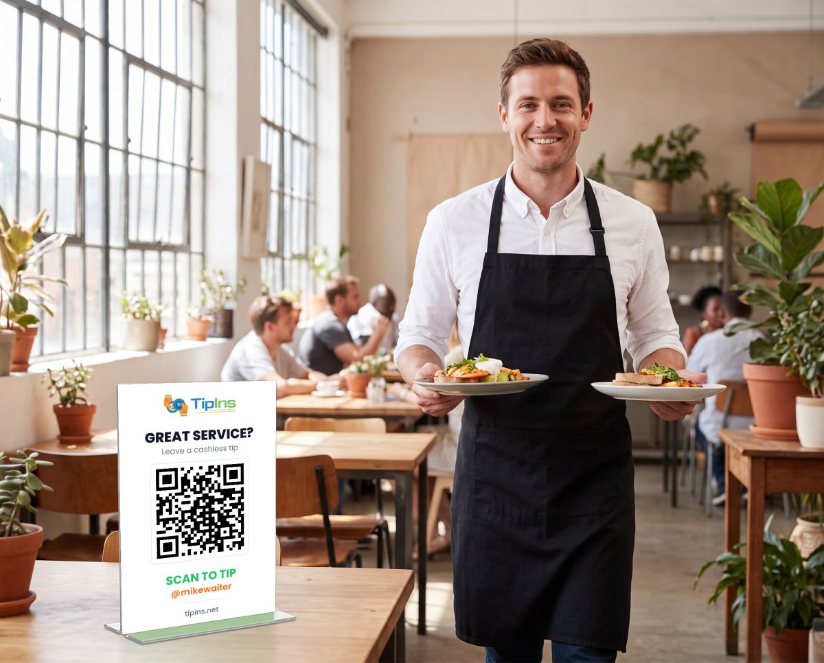 Mike serving plates in a restaurant with a TipIns QR sign on the table