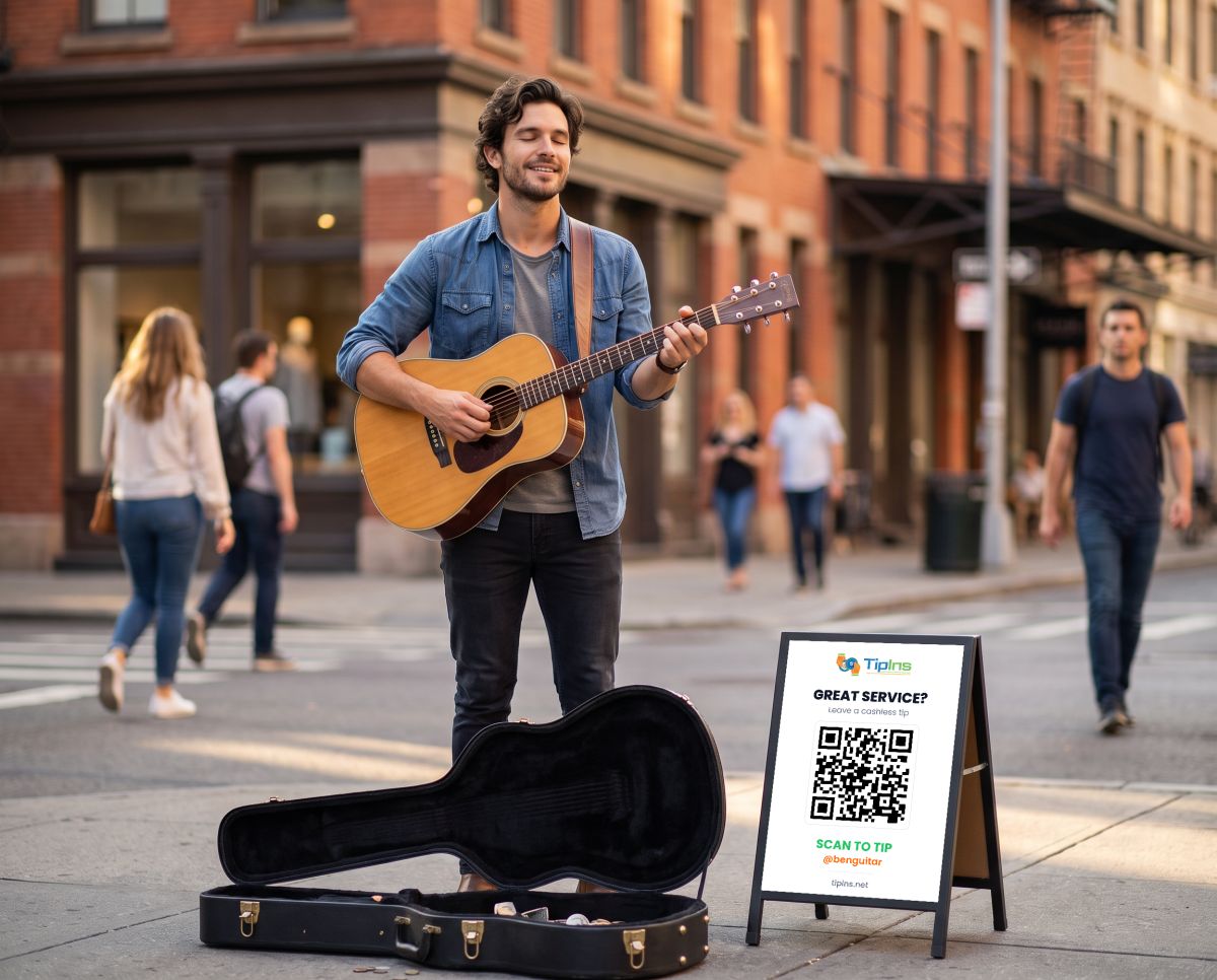 Ben busking with a TipIns QR sign beside his guitar case