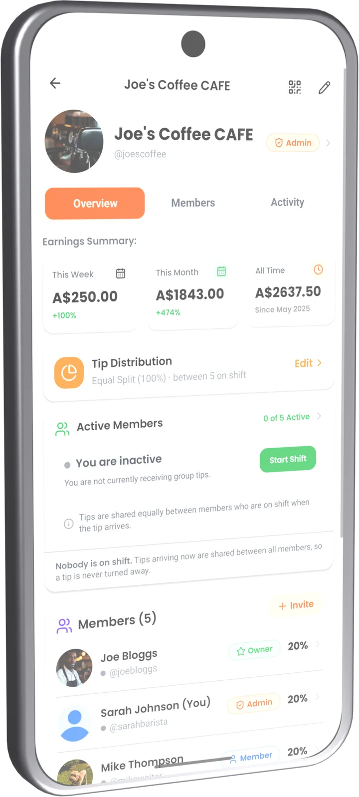 TipIns group overview with earnings summary and members