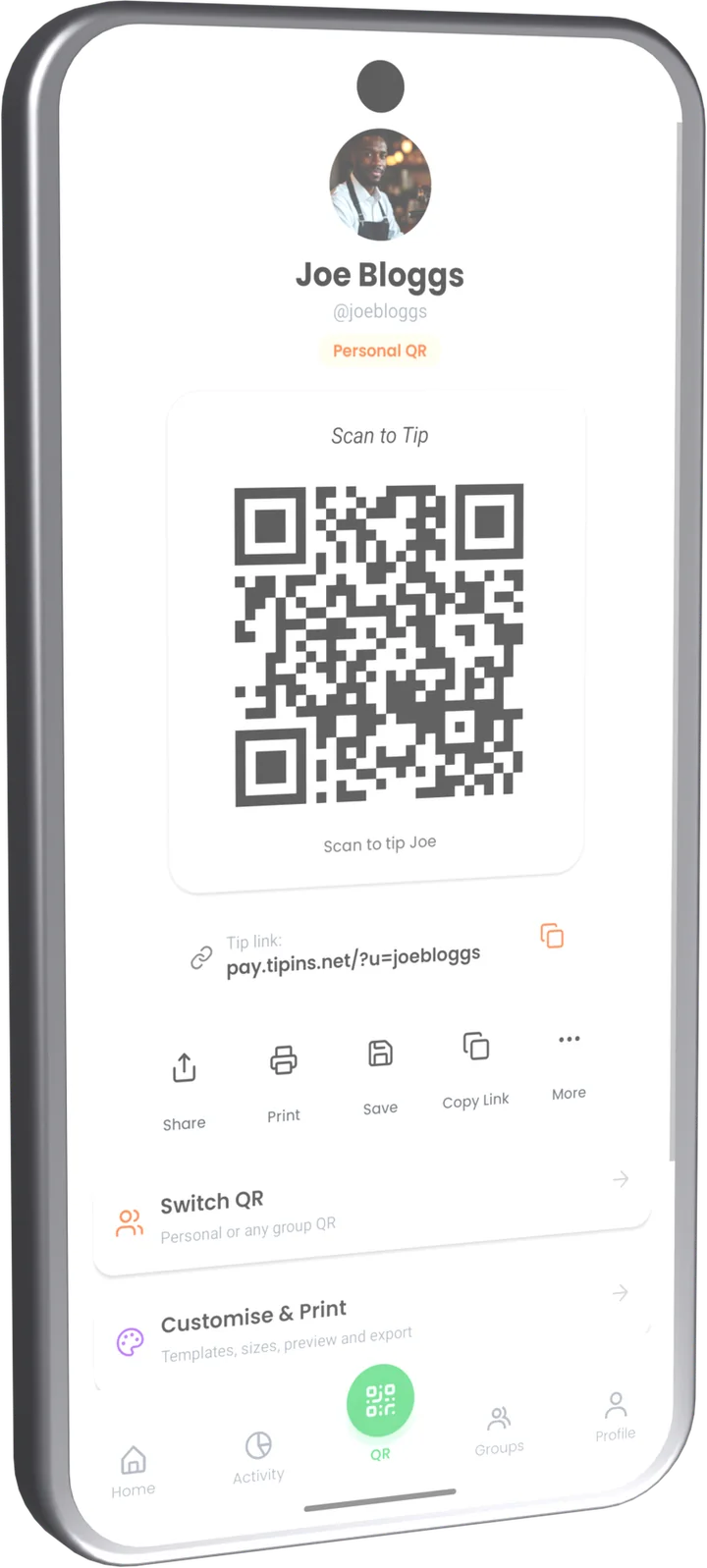 TipIns personal QR code screen