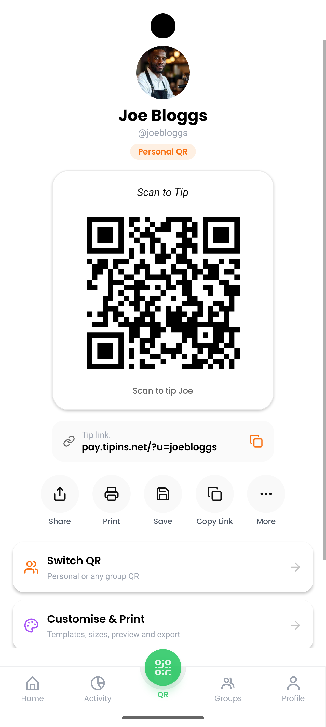 TipIns personal QR code screen