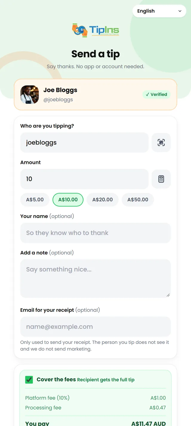 The TipIns tip page open in a phone browser