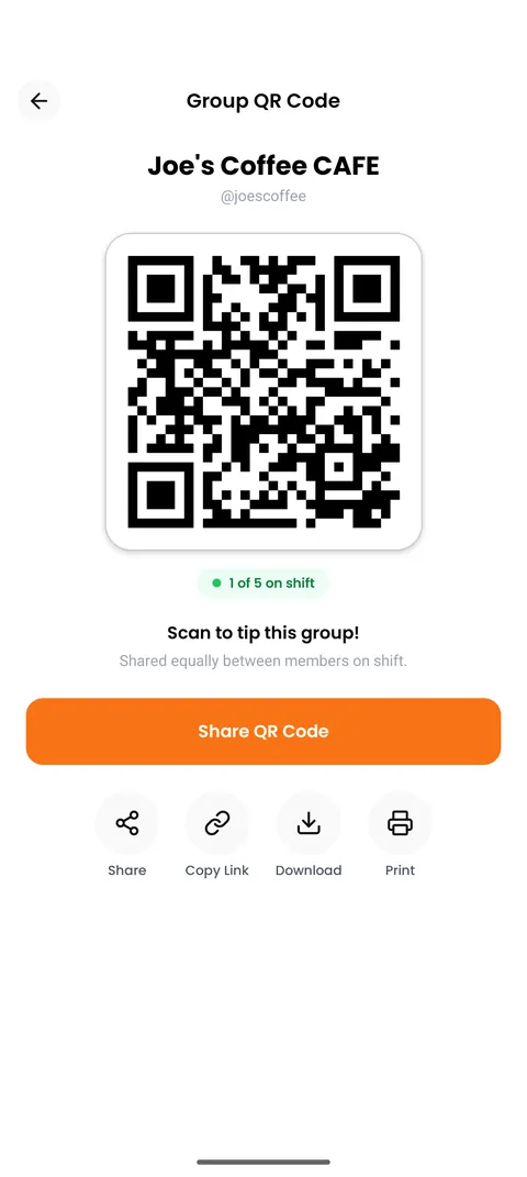 TipIns group QR code that splits each tip between team members