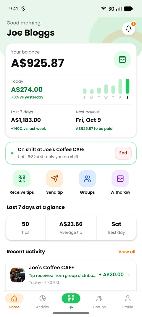 The TipIns home screen showing a balance and recent tips