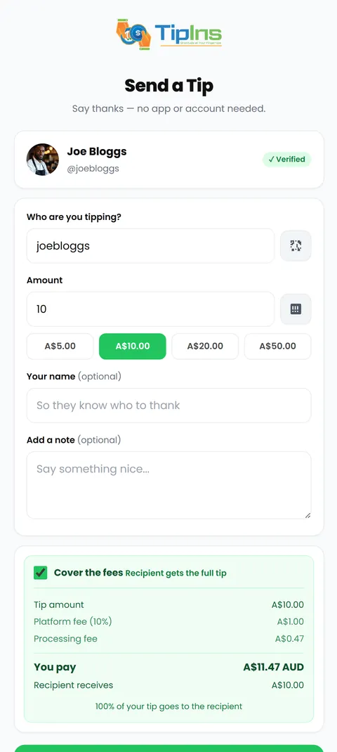 The payment page a customer sees after scanning, with tip amounts and Apple Pay, Google Pay and card options