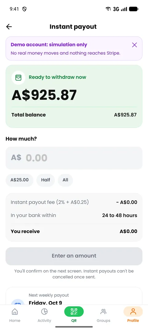 TipIns payout screen showing an Australian dollar balance ready to withdraw