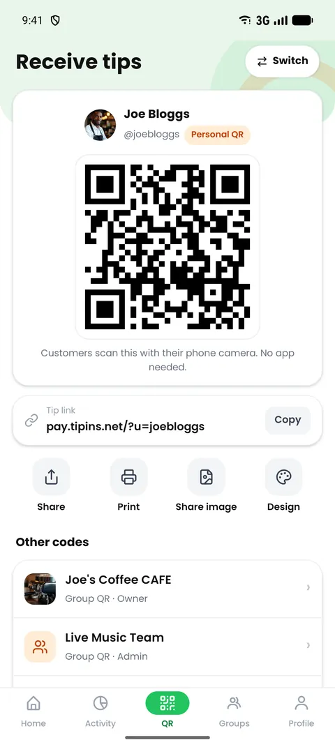 The TipIns app showing a personal QR code for receiving tips
