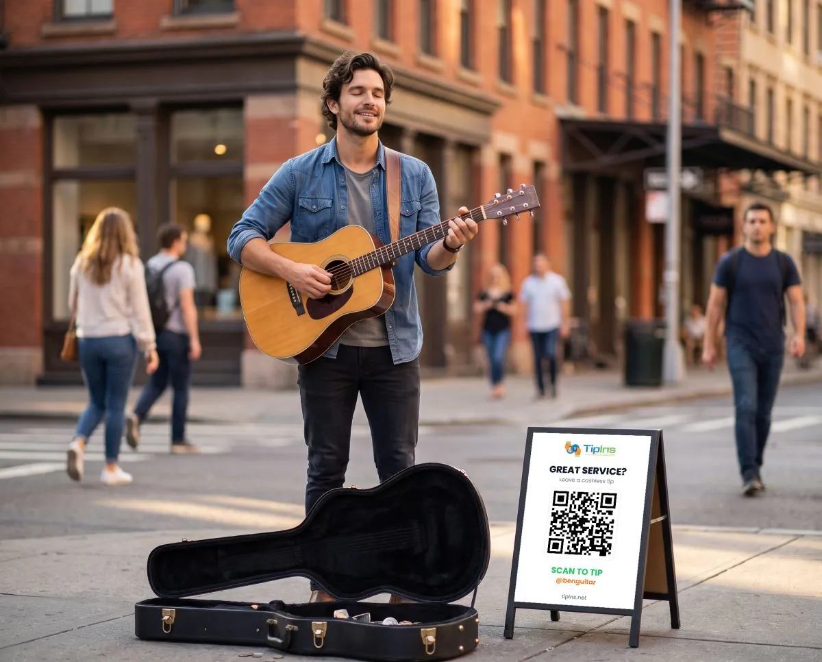 A street musician playing guitar with a QR code tip sign by his case