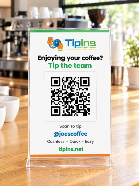 A printed counter sign reading Enjoying your coffee, tip the team, with a QR code and the cafe's username