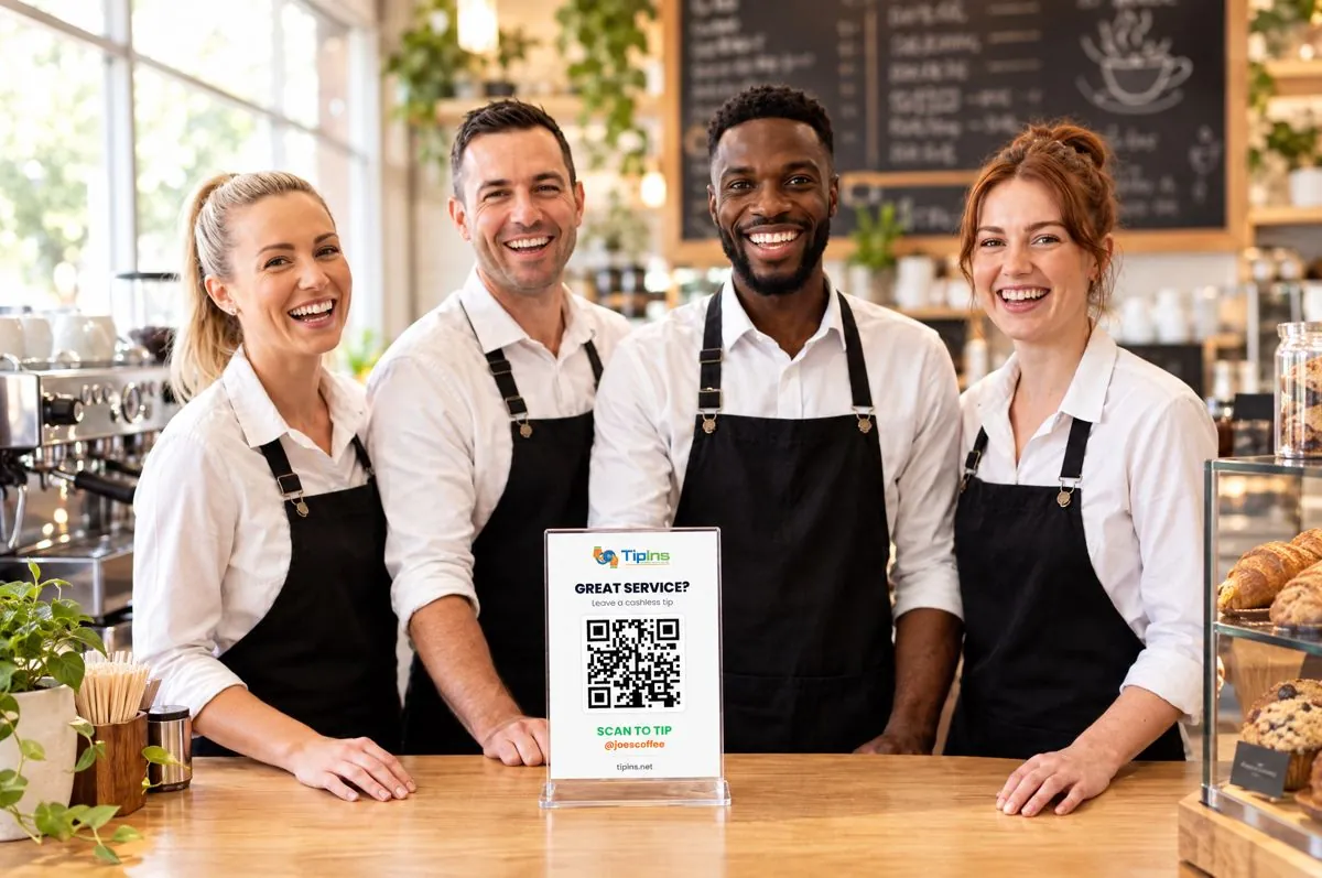 A cafe team standing behind a counter with a single shared QR code tip sign